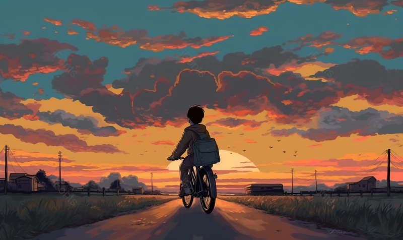 夕阳下骑自行车的男孩手绘插画背景图,插画/手绘图,插画/手绘图库,插画/手绘图下载,插画/手绘